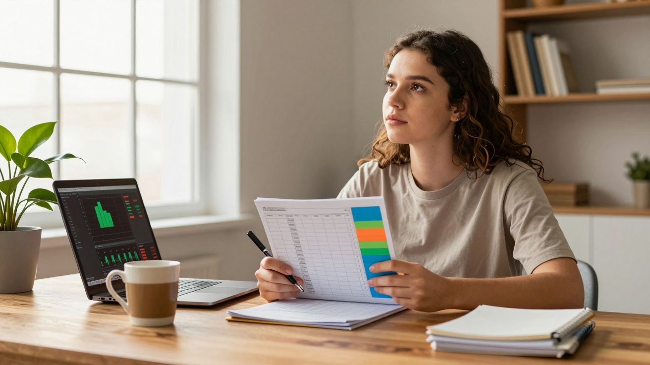 Jovem a trabalhar com gráficos no computador e papéis organizados numa secretária perto de uma janela.