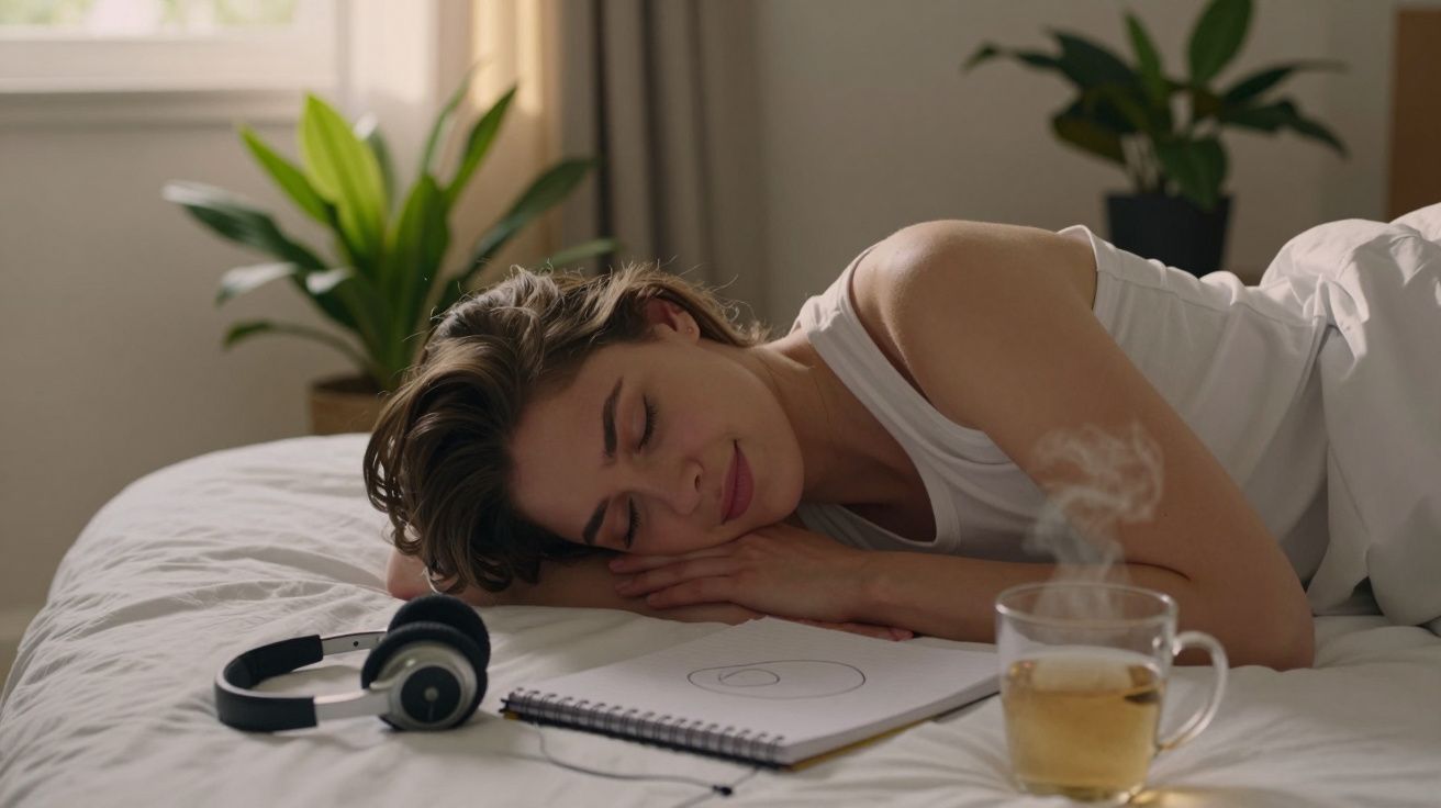 Mulher de olhos fechados deitada numa cama branca, ao lado de caderno, auscultadores e chá quente a fumegar.