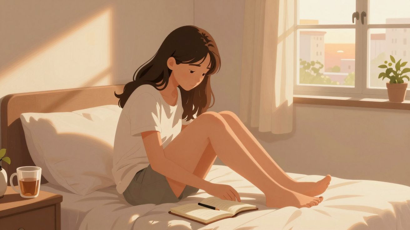 Jovem sentada na cama a ler um livro ao nascer do sol com chá na mesa de cabeceira e planta na janela.