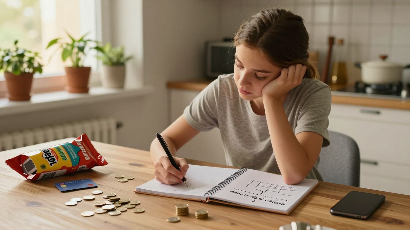 Jovem a fazer contas num caderno, rodeada de moedas, cartão de crédito e telemóvel numa mesa de cozinha.