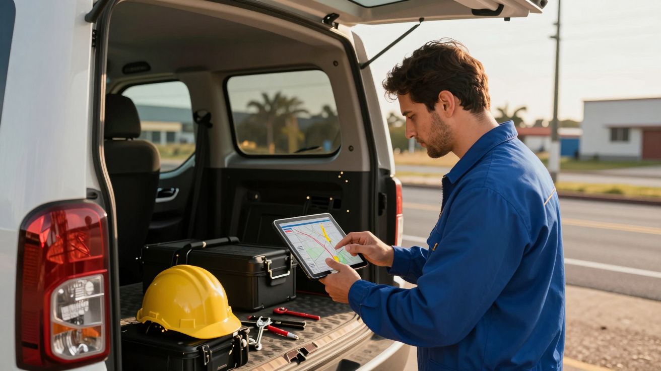 Homem de macacão azul usa tablet atrás de carrinha branca com capacete e ferramentas no porta-bagagens aberto.