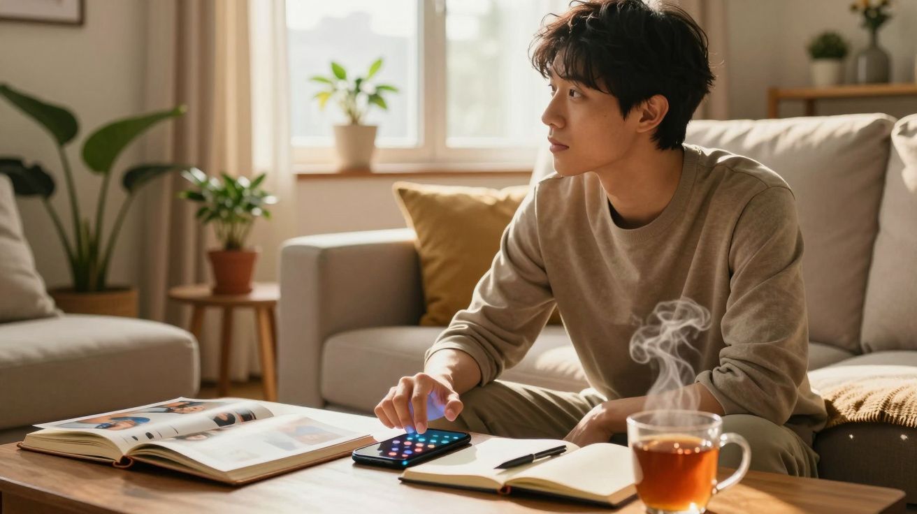 Jovem sentado no sofá a usar telemóvel, com chá fumegante e livros numa mesa de madeira à sua frente.