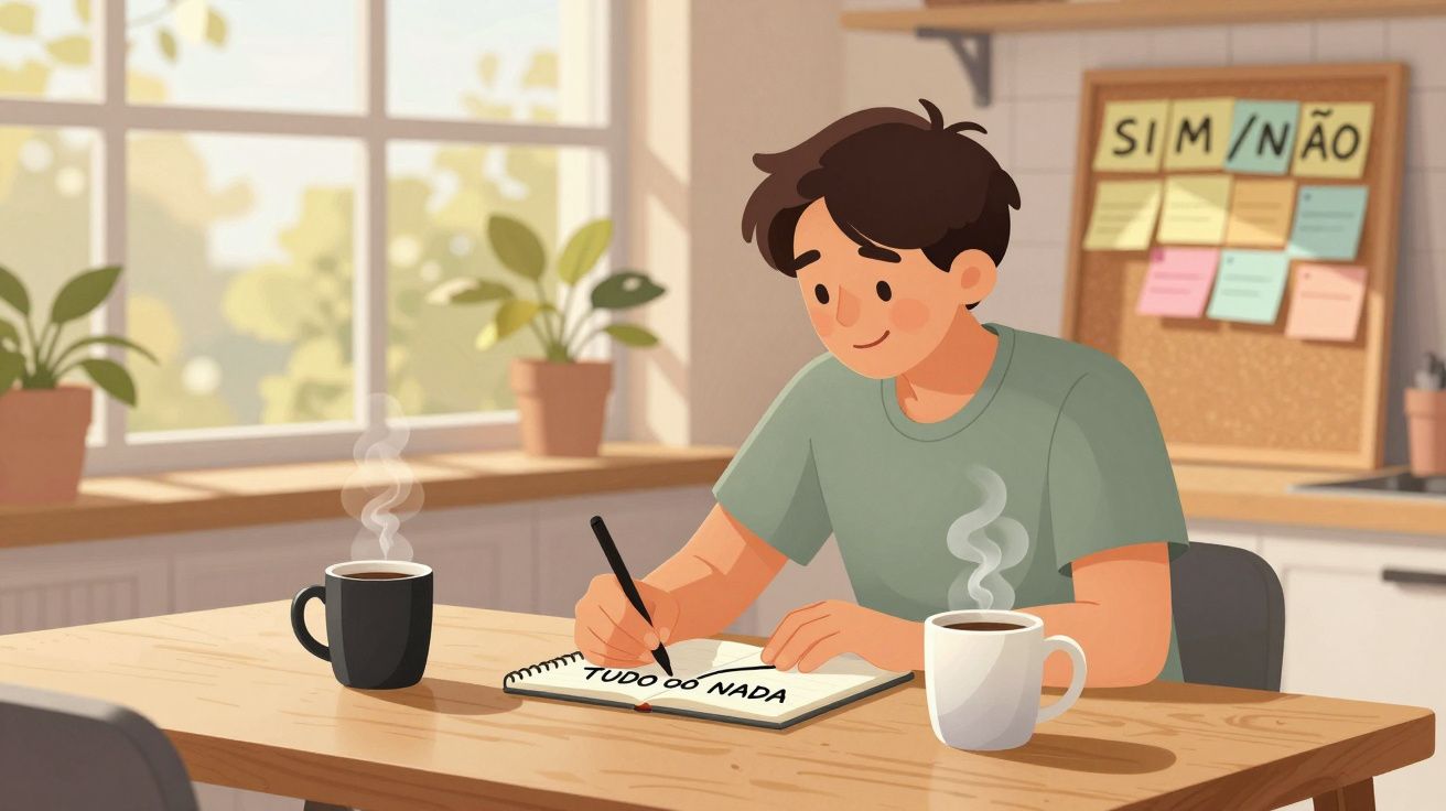 Rapaz sentado à mesa a escrever num caderno com duas chávenas de café fumegante e quadro com notas ao fundo.