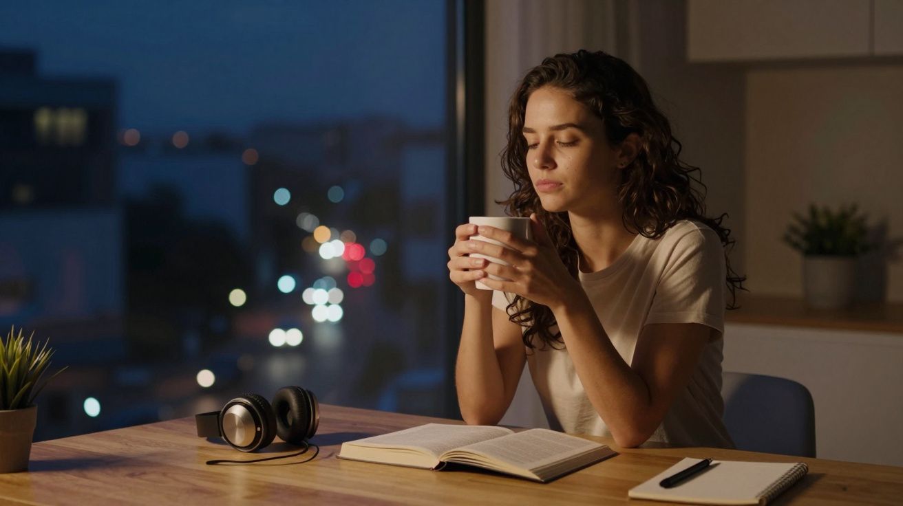 Mulher sentada a ler um livro à mesa à noite, segurando uma chávena com olhos fechados.
