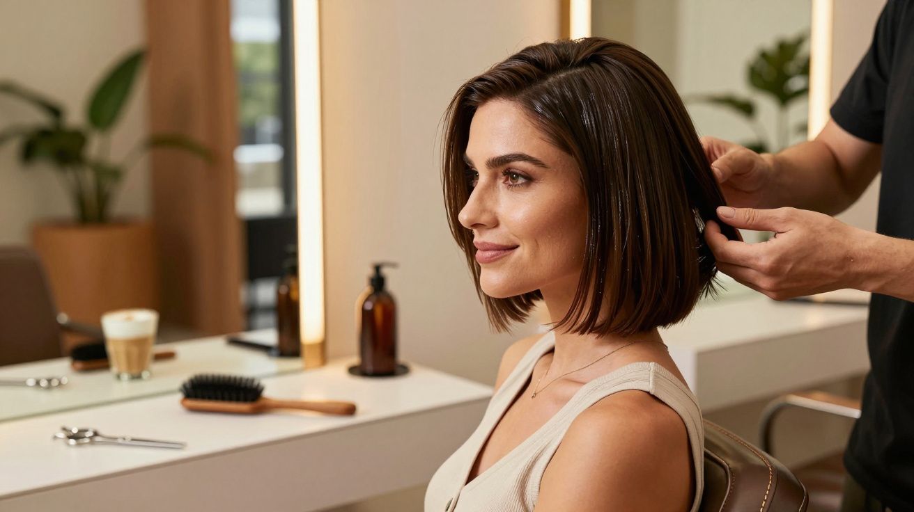 Mulher com cabelo curto castanho sentado num salão de beleza a ser penteado.