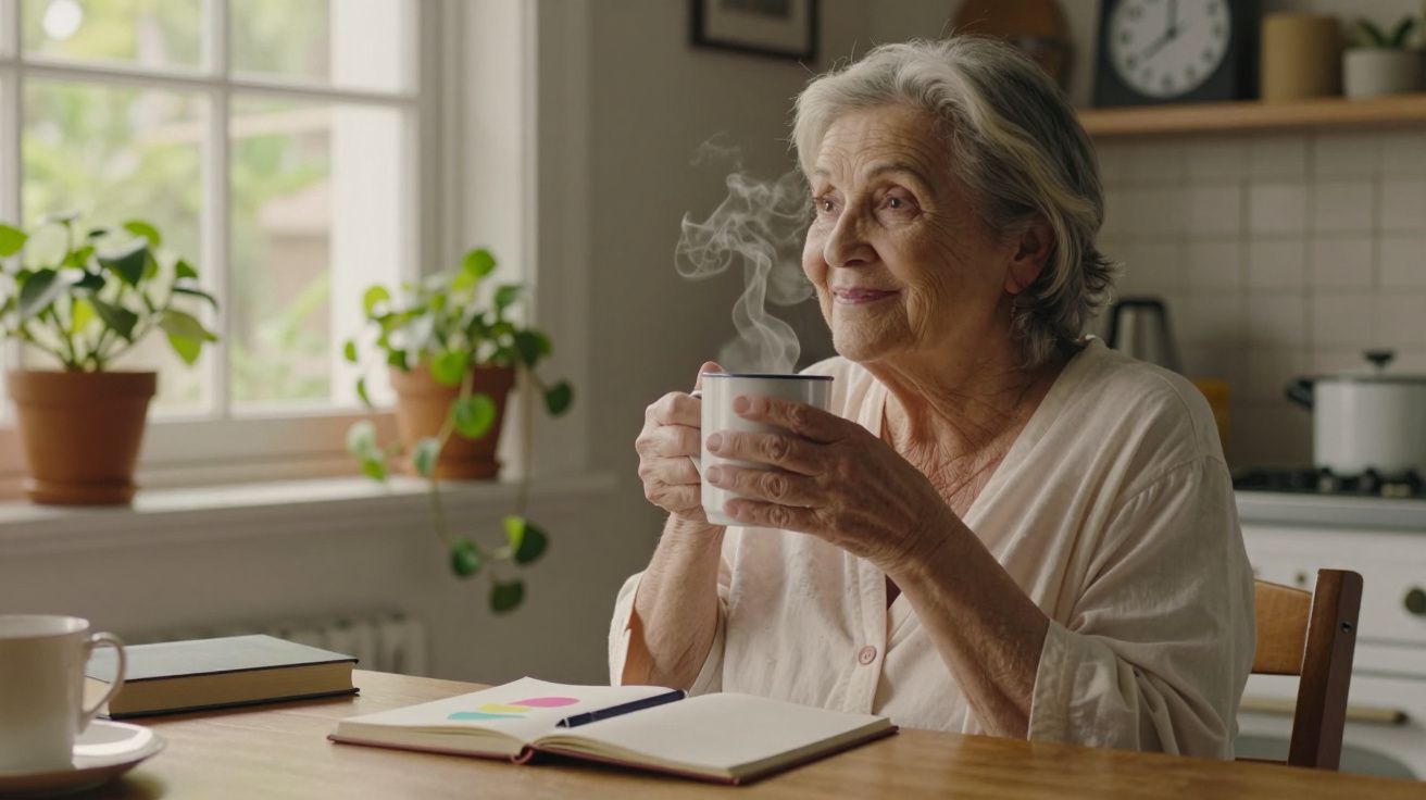 Idosa a sorrir, sentada numa cozinha, a segurar uma chávena quente, com livro aberto à sua frente.
