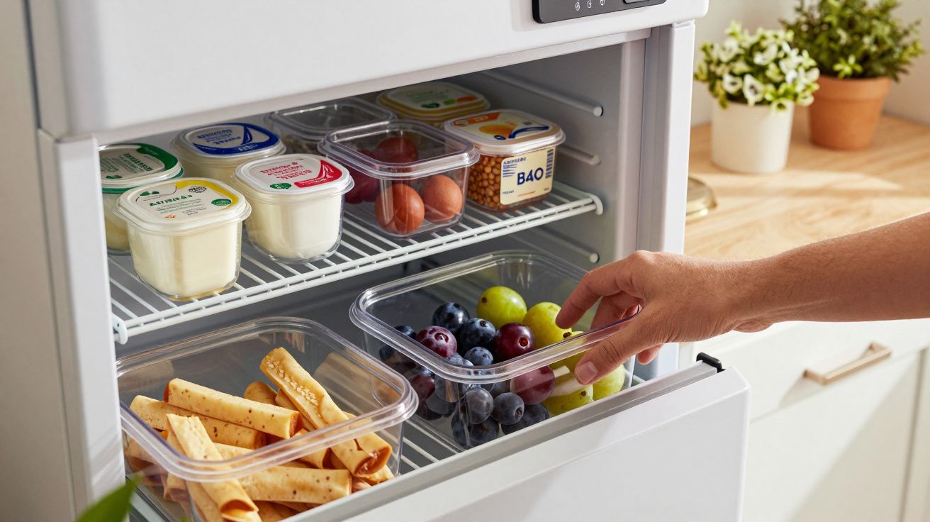 Mão a pegar uvas num frigorífico com recipientes transparentes contendo frutas e alimentos embalados.