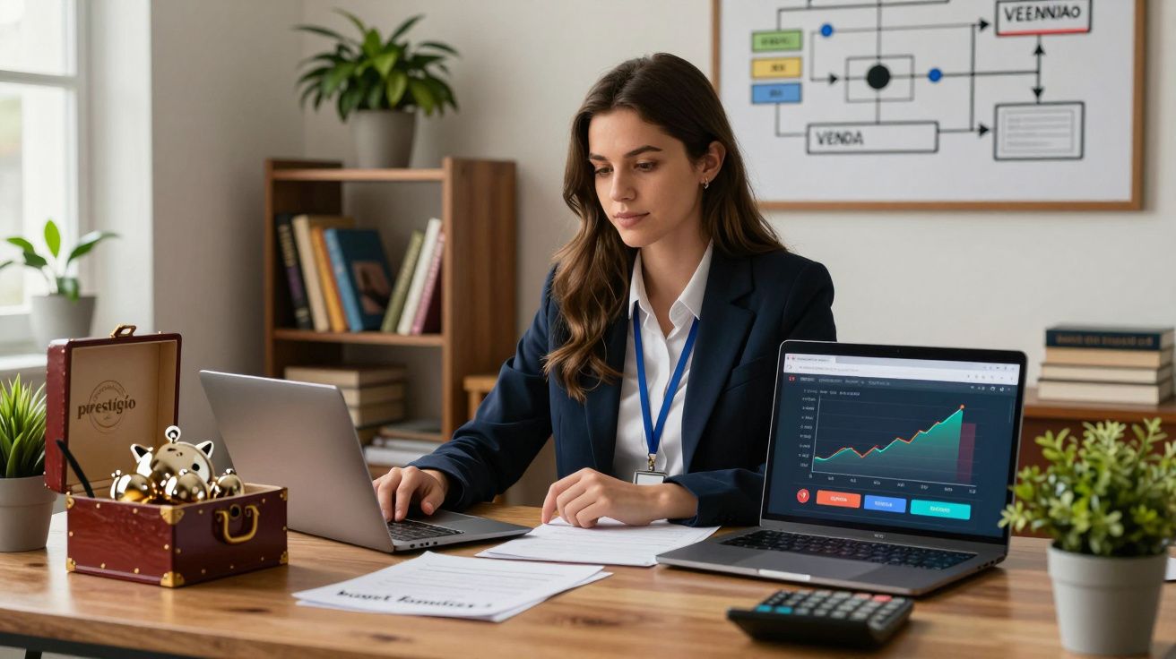 Mulher a trabalhar em escritório com dois portáteis e documentos numa secretária organizada.