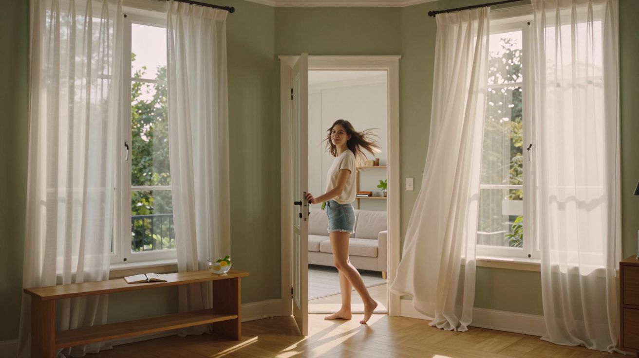 Mulher de cabelo solto e roupa casual abre porta numa sala iluminada com janelas e cortinas brancas.