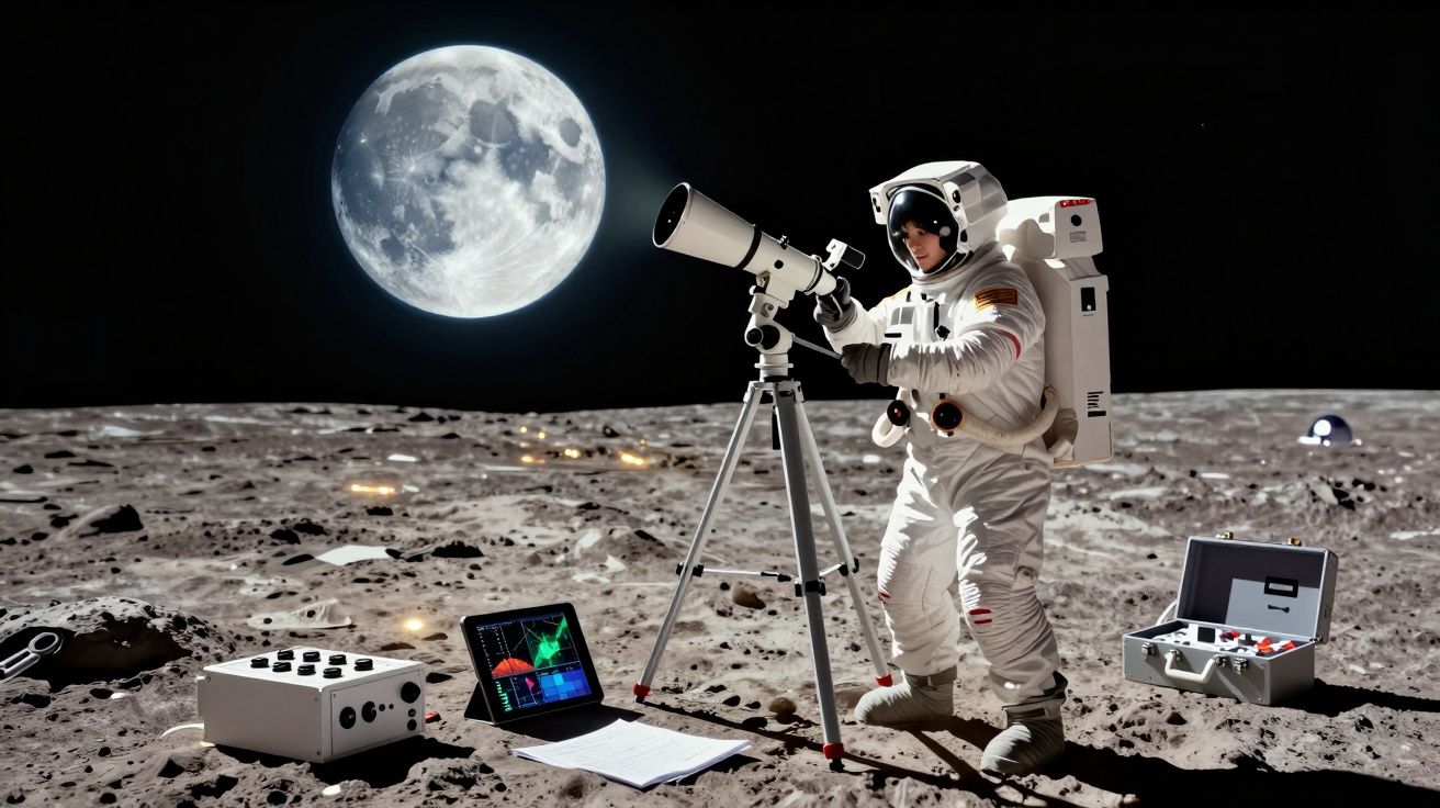 Astronauta em fato espacial observa a Lua através de telescópio na superfície lunar com equipamentos científicos.