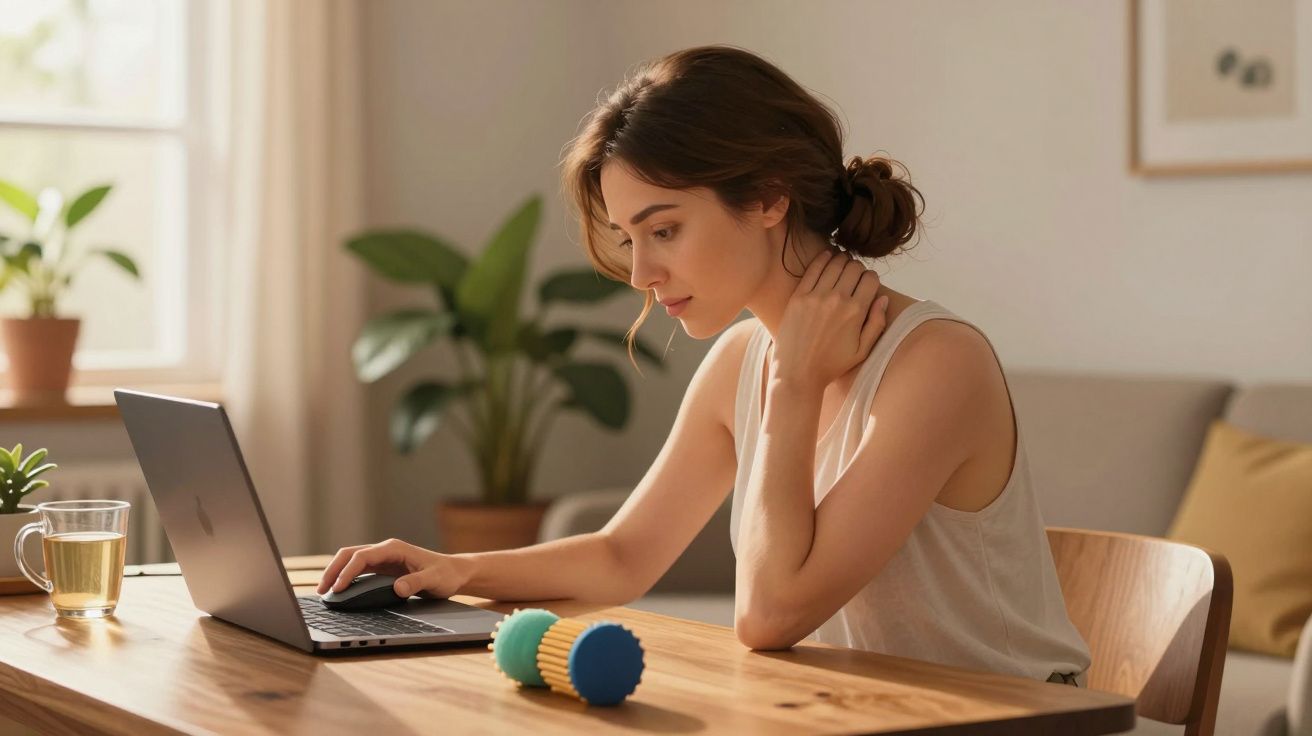 Mulher jovem sentado a trabalhar num portátil, com expressão concentrada, numa mesa de madeira em casa.