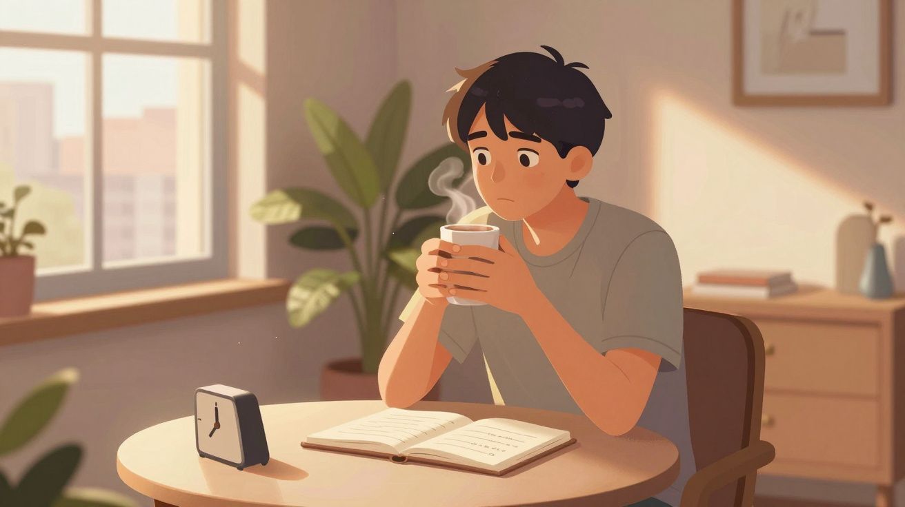 Rapaz sentado a beber chá quente enquanto estuda numa mesa com janela e planta ao fundo.