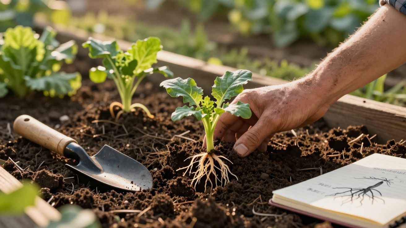 Mão a plantar uma muda com raízes expostas num canteiro, ao lado de uma pá de jardinagem e um caderno com desenho de raiz.