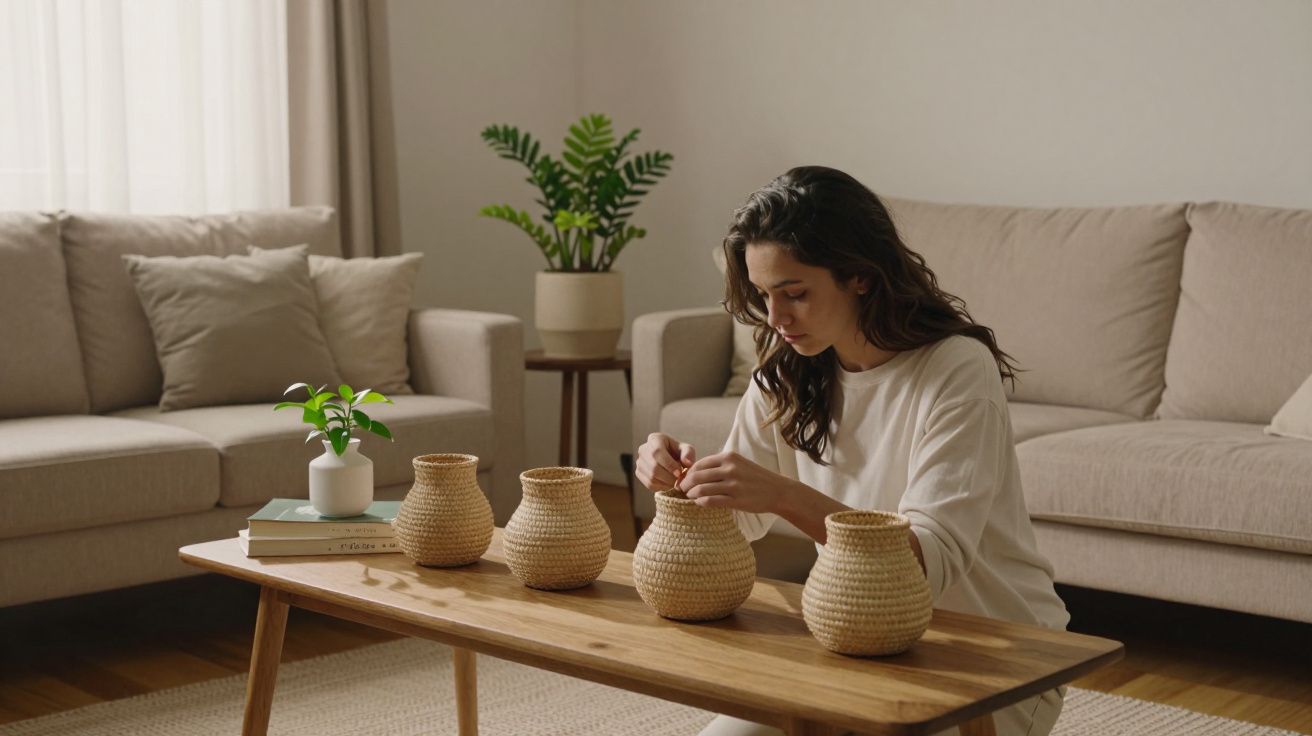 Mulher a organizar vasos de palha numa mesa de madeira numa sala de estar confortável e iluminada.