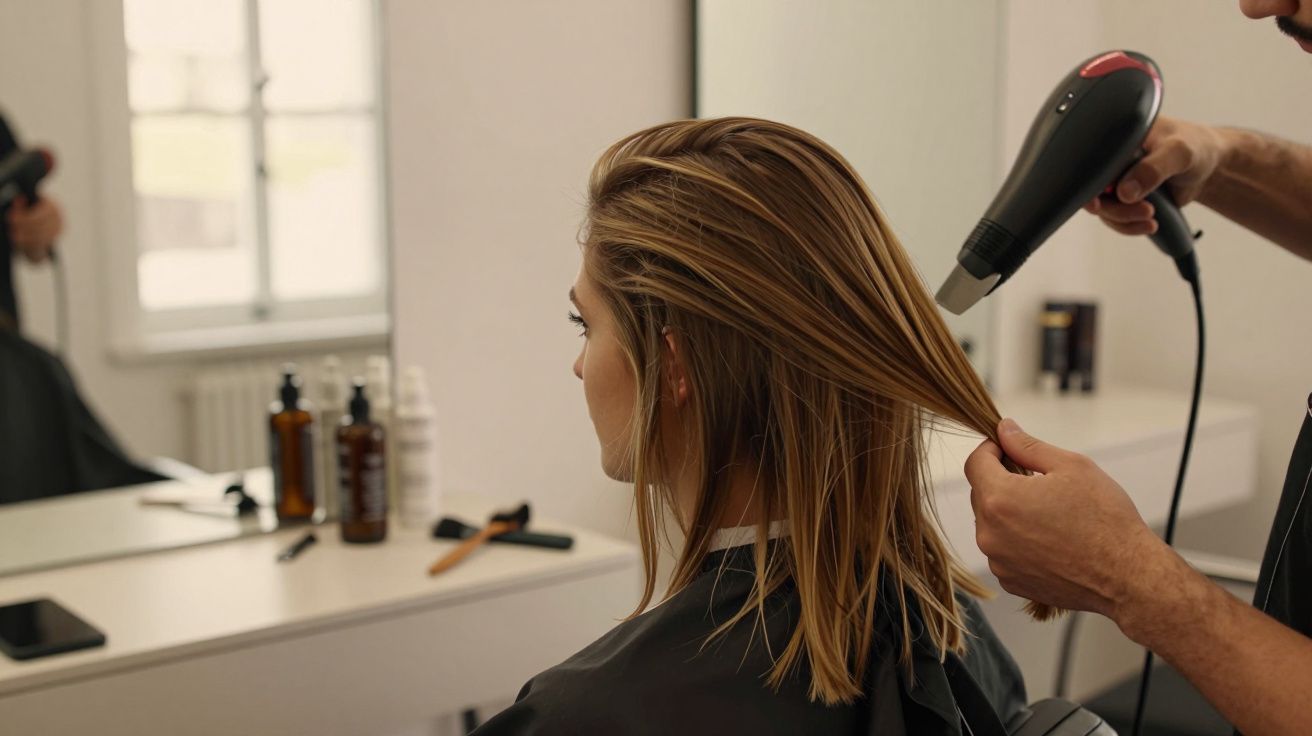 Pessoa a secar o cabelo com secador num salão de cabeleireiro moderno e iluminado.