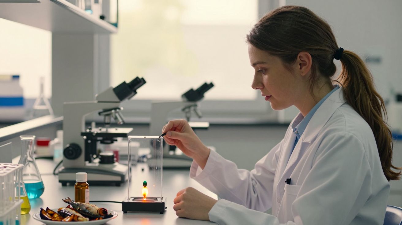 Mulher cientista em laboratório usando bata branca a realizar experiência com chama e microscópios ao fundo.