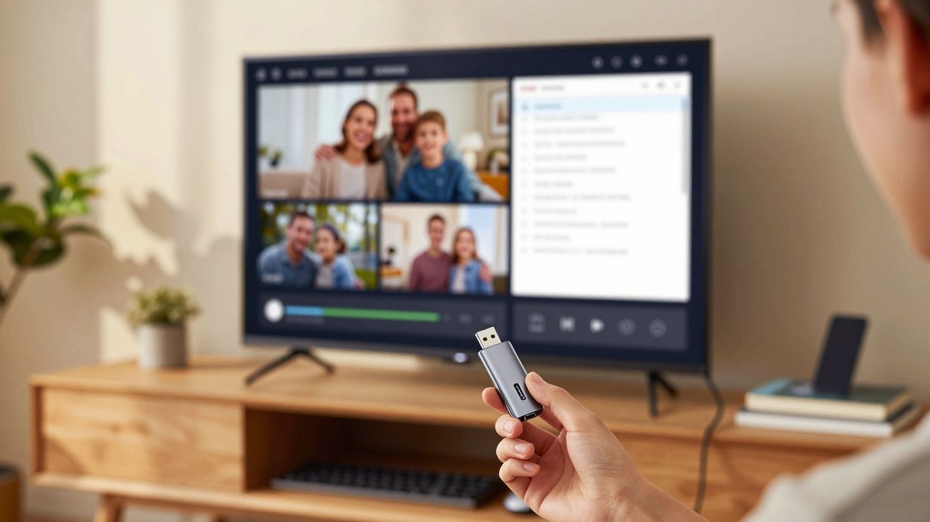 Pessoa a segurar pen USB à frente de televisão com videoconferência e lista de ficheiros visível na ecrã.