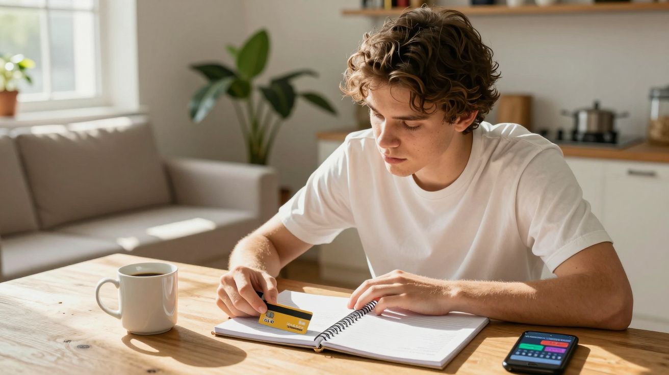 Jovem sentado numa mesa lê um caderno enquanto segura um cartão de crédito, com telemóvel e chá ao lado.
