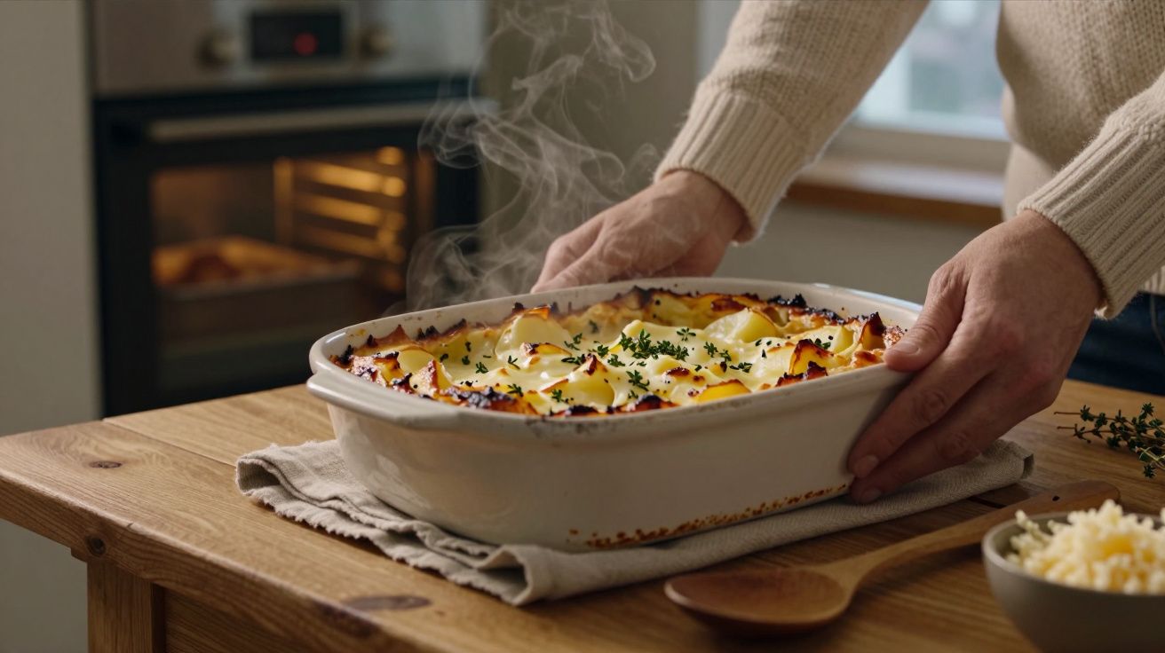 Mãos seguram travessa com lasanha acabada de sair do forno, sobre mesa de madeira com colher e queijo.