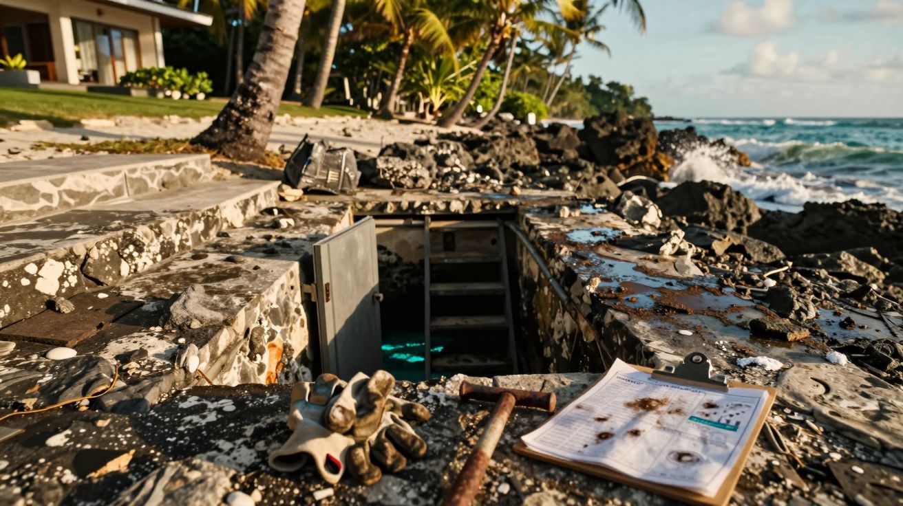 Entrada aberta de bunker antigo junto ao mar com luvas, martelo e prancheta no topo da estrutura de pedra.