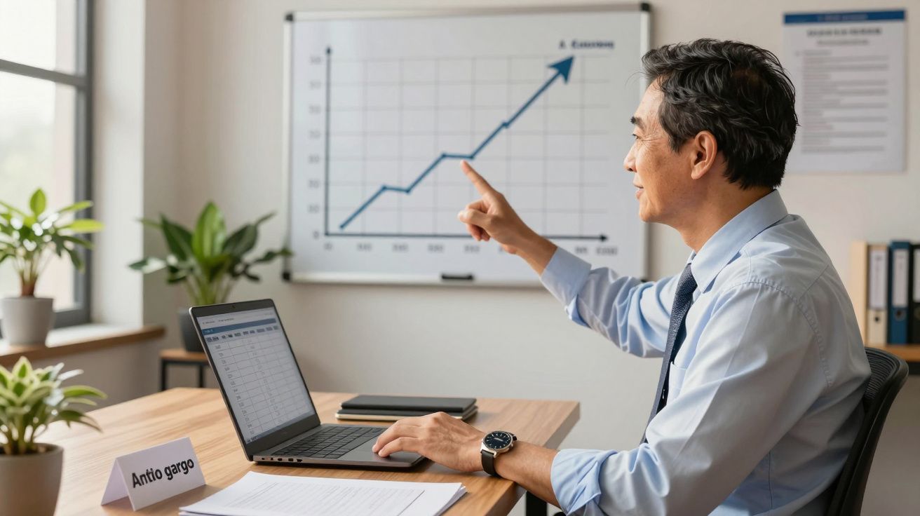 Homem de negócios sentado a apontar para gráfico de crescimento numa sala de escritório com computador portátil.