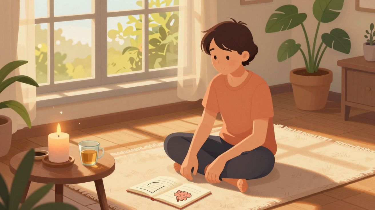 Jovem sentado no tapete junto a uma janela, lendo livro ilustrado, com vela acesa e chá numa mesa pequena.