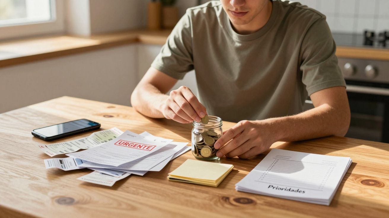 Pessoa a colocar moedas num frasco, com contas e bloco de notas sobre mesa de madeira numa cozinha.