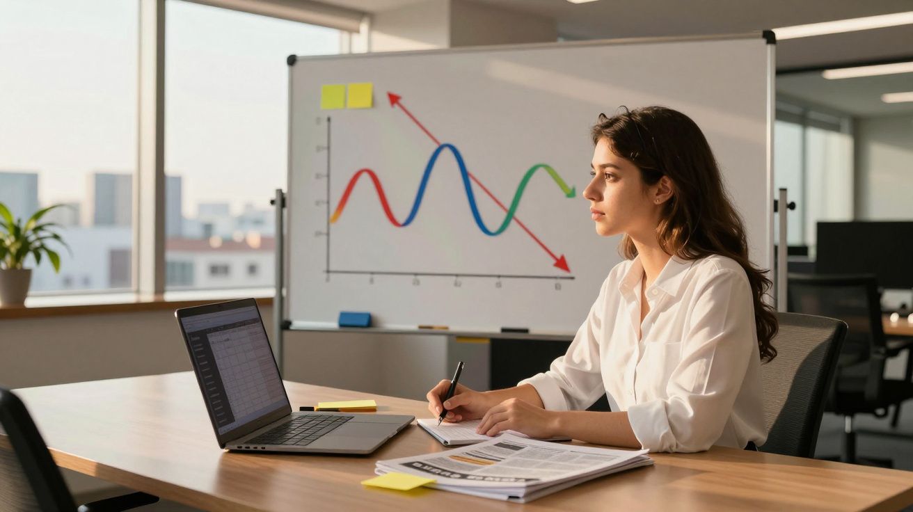 Mulher sentada a trabalhar com laptop e gráficos numa sala de reuniões iluminada pela luz natural.