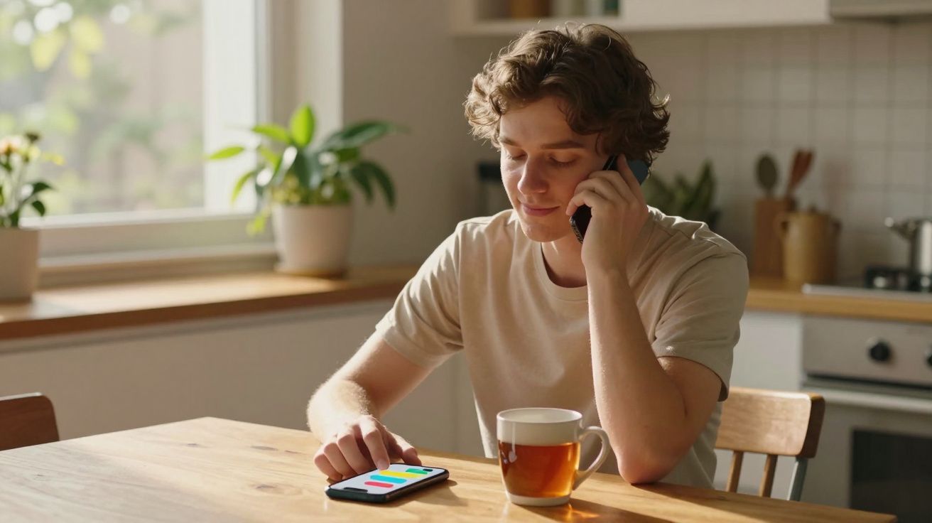 Jovem sentado à mesa da cozinha a falar ao telefone com chá e telemóvel à frente.