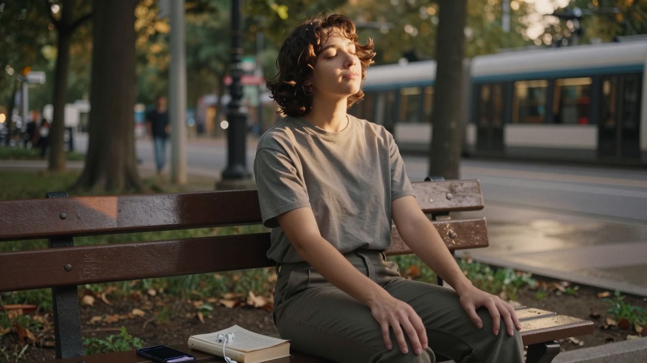 Pessoa sentada num banco de parque a relaxar com olhos fechados, livro e telemóvel ao lado.