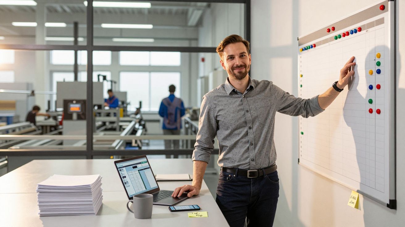 Homem sorridente em escritório com quadro branco e computador portátil numa mesa com pilha de papéis.