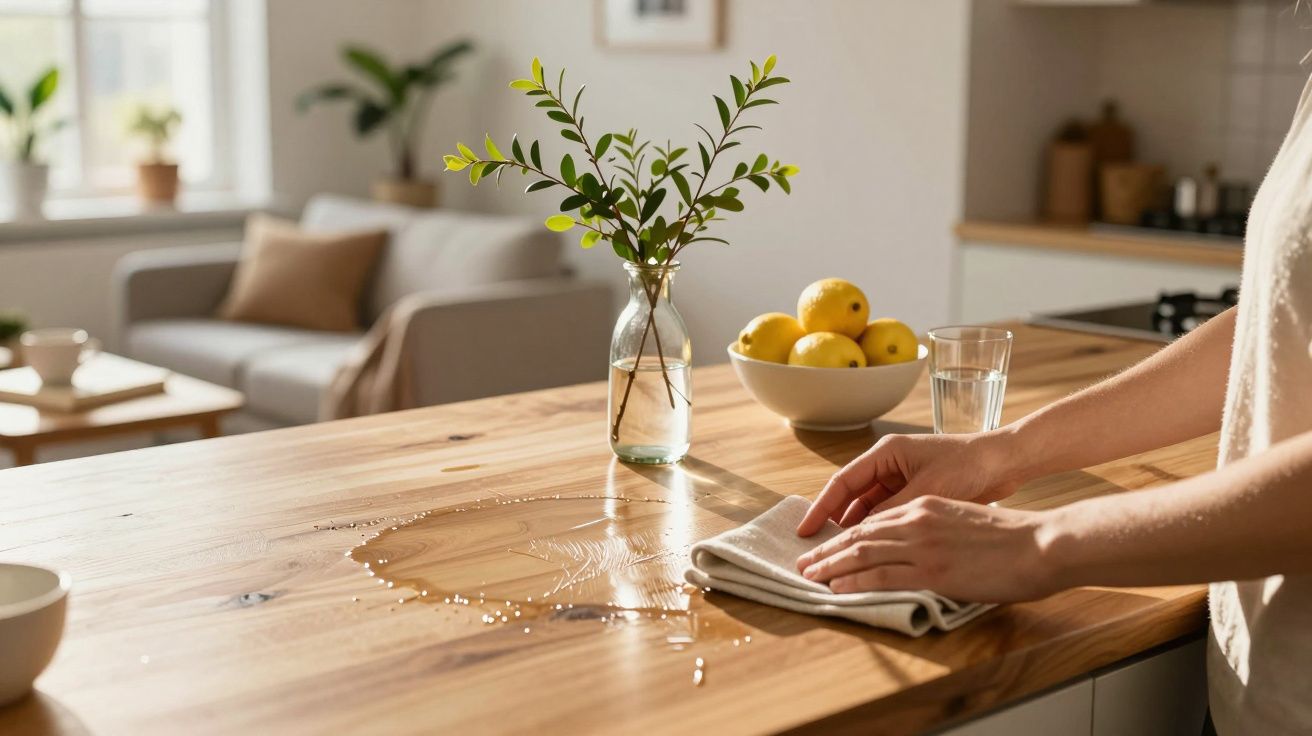 Pessoa a limpar um derramamento de água numa bancada de madeira numa cozinha moderna com frutas e planta decorativa.