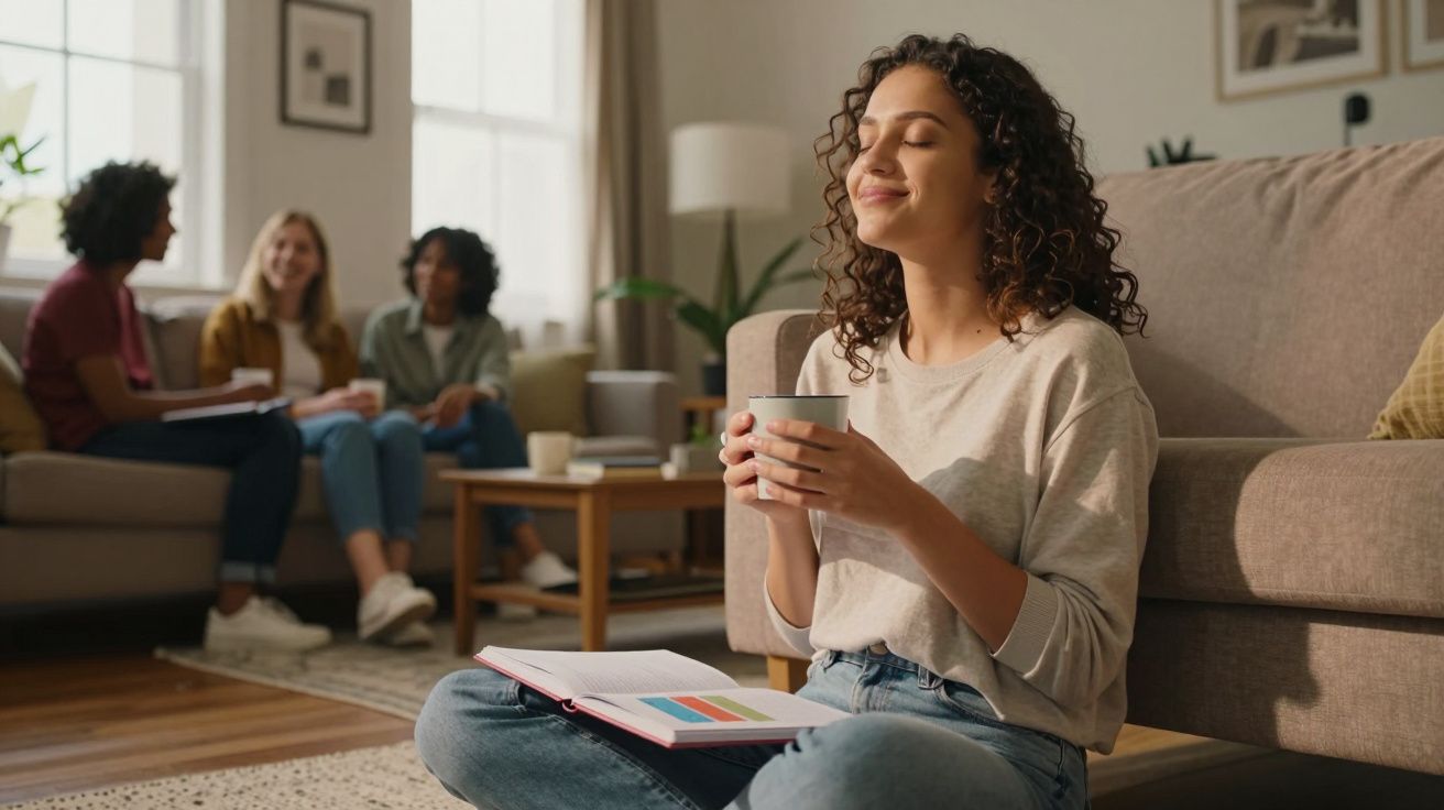 Jovem sentada no chão a beber de uma caneca com livro aberto, enquanto grupo conversa no sofá ao fundo.