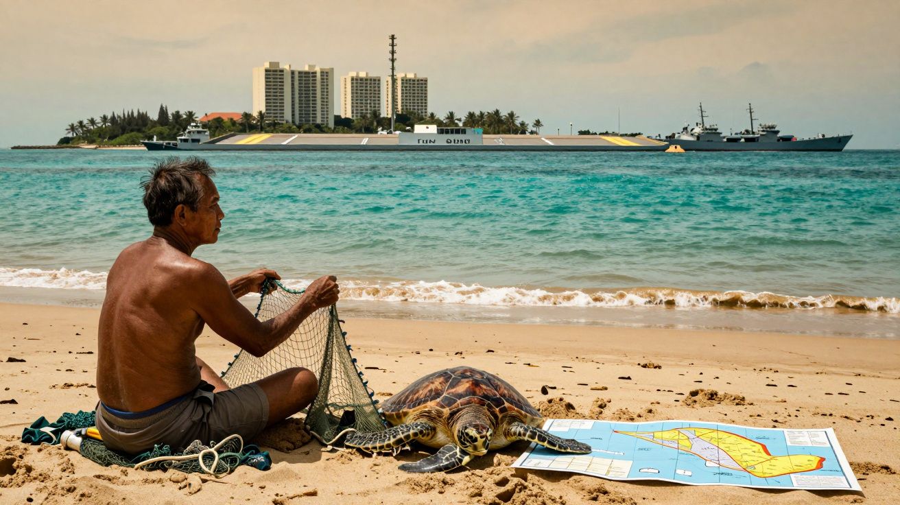 Homem sentado numa praia com rede de pesca, tartaruga e mapa, com mar e edifícios ao fundo.