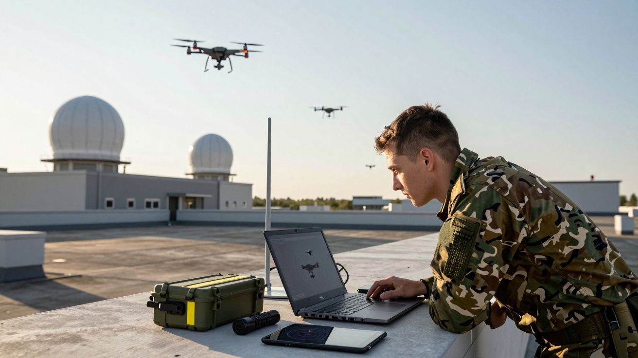 Militar em uniforme camuflado controla drones no portátil num telhado com antenas esféricas ao fundo.