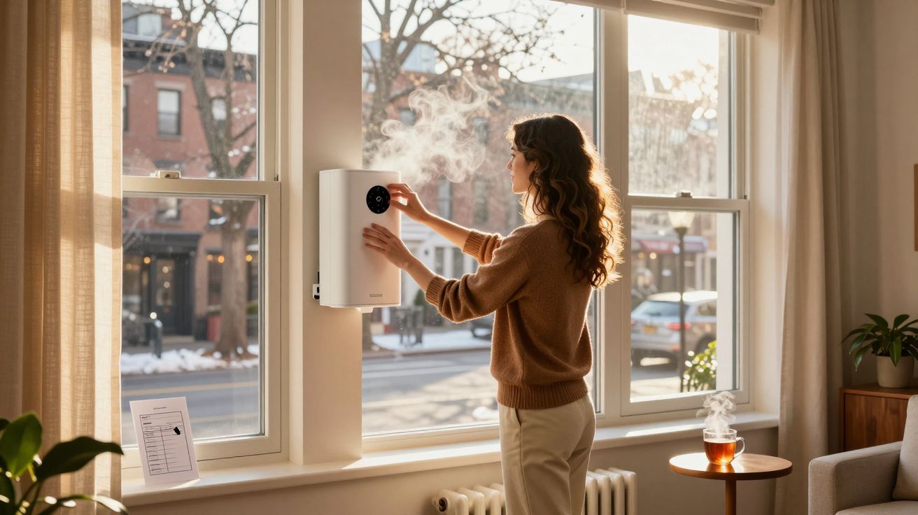 Mulher ajusta humidificador de parede junto a janela numa sala iluminada ao fim da tarde.