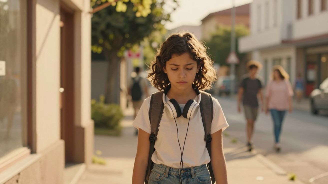 Rapaz jovem com auriculares ao pescoço e mochila caminha cabisbaixo numa rua urbana ensolarada.