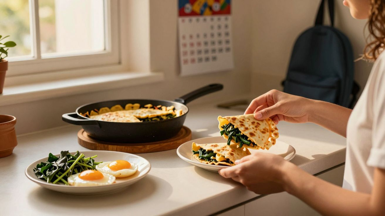 Pessoa a servir omelete com espinafres numa cozinha iluminada junto a duas doses de ovos estrelados com espinafres.