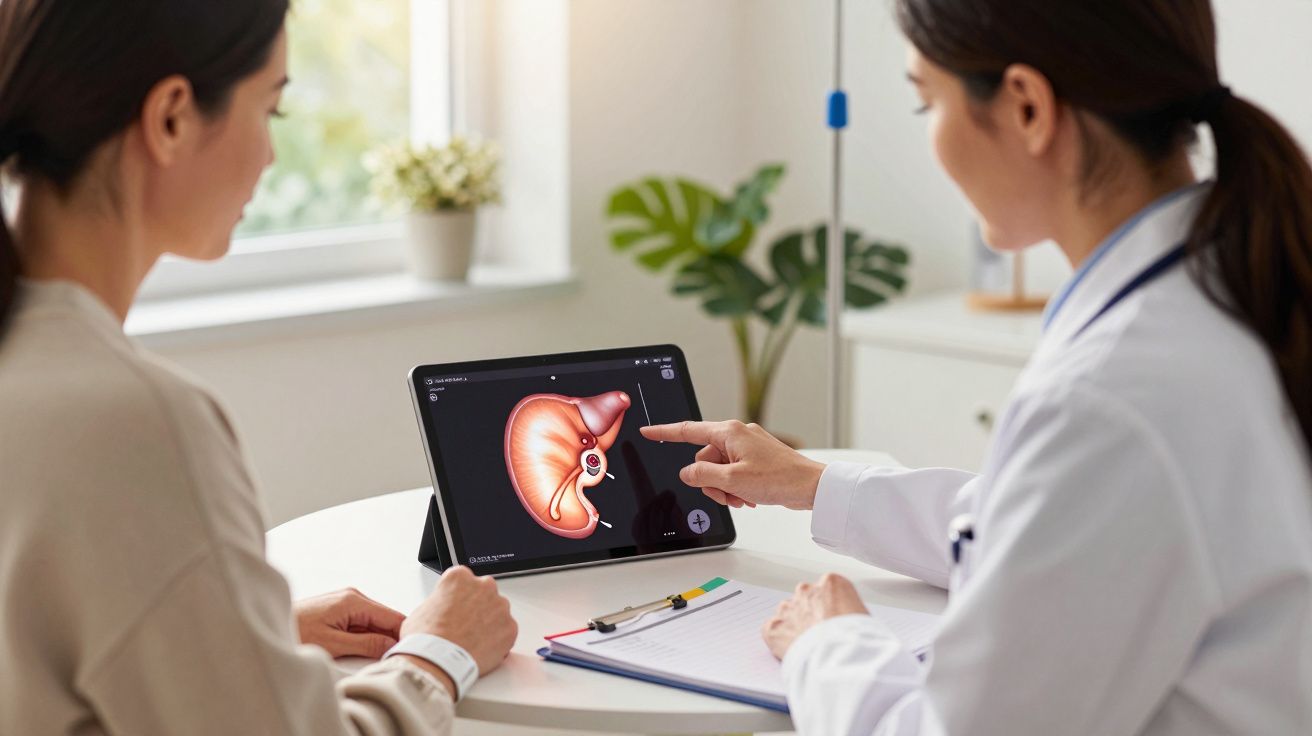 Médica explica imagem digital do fígado para paciente durante consulta numa sala iluminada.