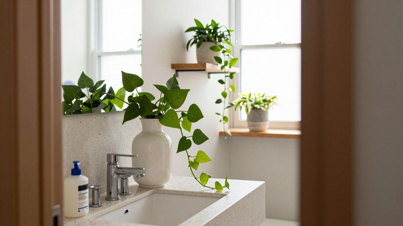 Lavabo moderno com vaso branco e plantas verdes, janela e espelho refletindo a decoração natural.