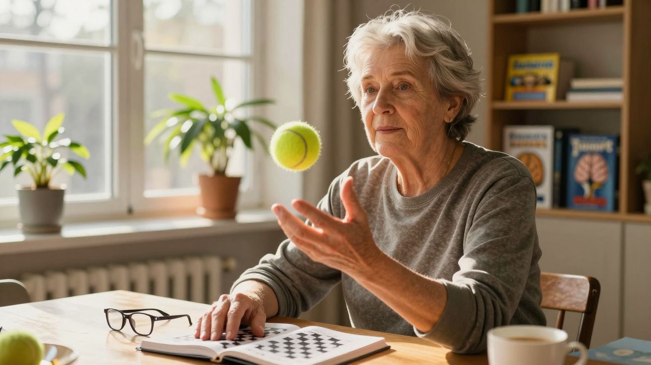 Senhora idosa a jogar com uma bola amarela numa mesa com livros e chá numa sala iluminada.