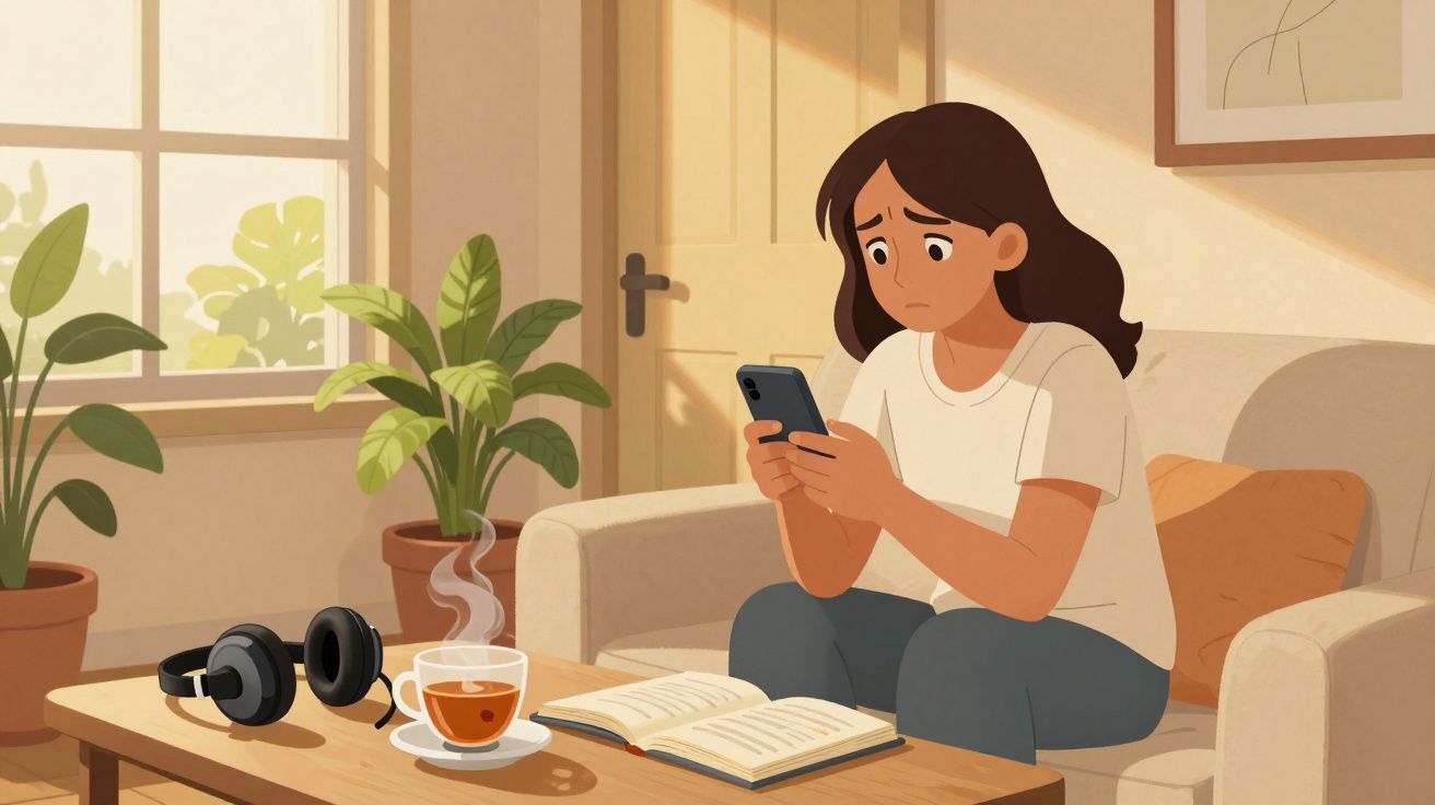 Mulher preocupada sentada no sofá com telemóvel, livro aberto e chá quente numa sala iluminada.