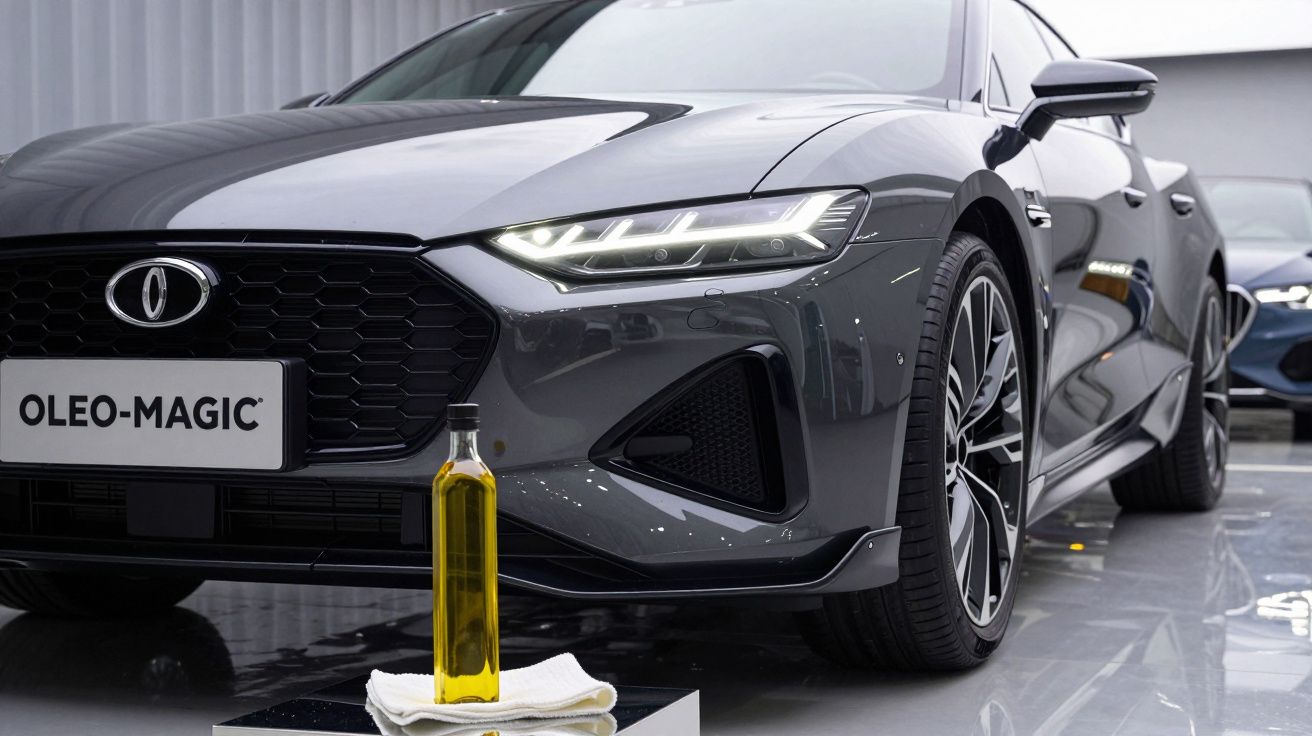 Carro cinzento moderno estacionado em chão brilhante com frasco de azeite e tecido branco à frente.