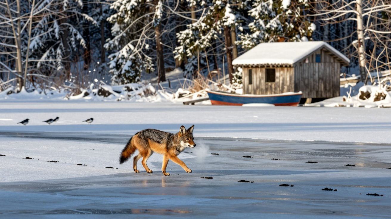 Raposa a andar sobre um lago congelado com neve, perto de uma cabana e árvores cobertas de neve.