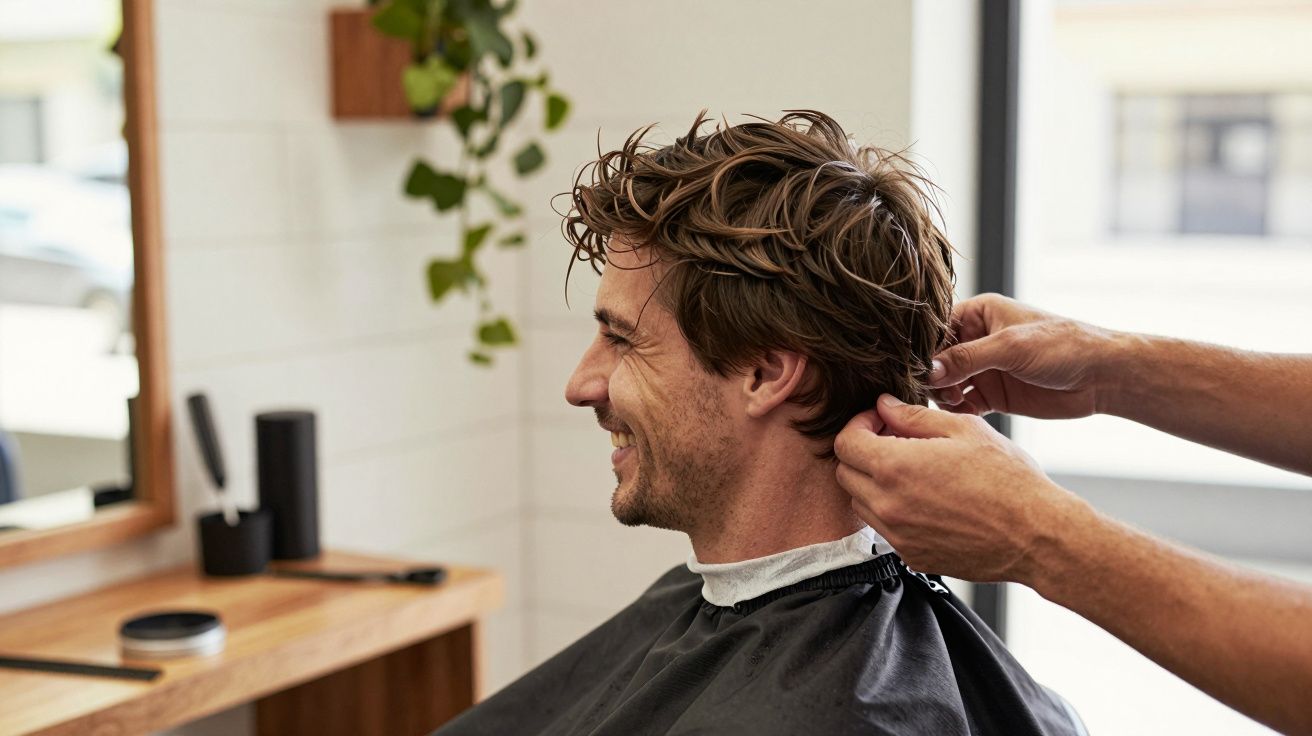 Homem sorridente a cortar o cabelo numa barbearia moderna com decoração simples e planta verde.