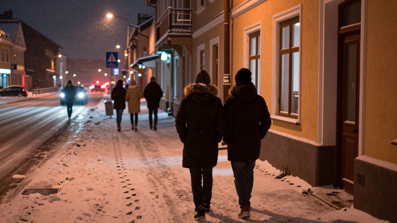 Casal de casacos quentes caminha pela calçada coberta de neve numa rua iluminada à noite.