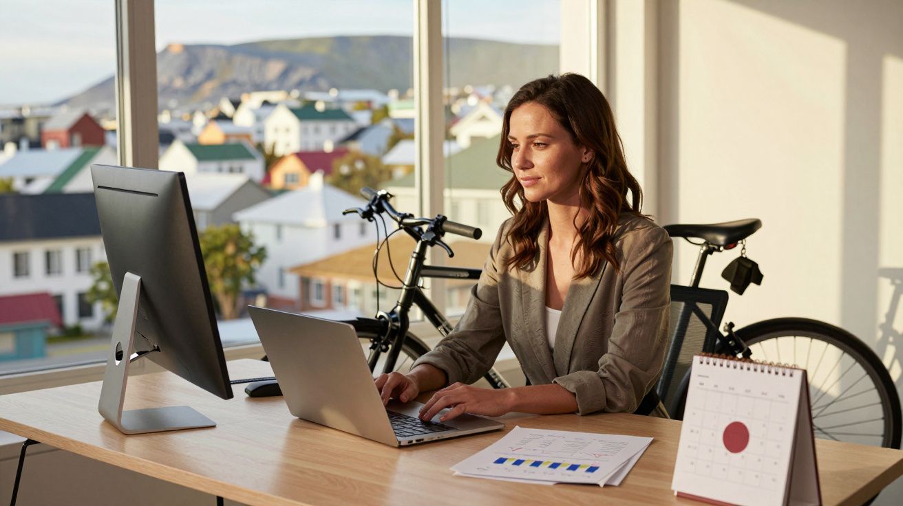 Mulher a trabalhar num escritório com bicicletas ao fundo e vista para casas coloridas pela janela.