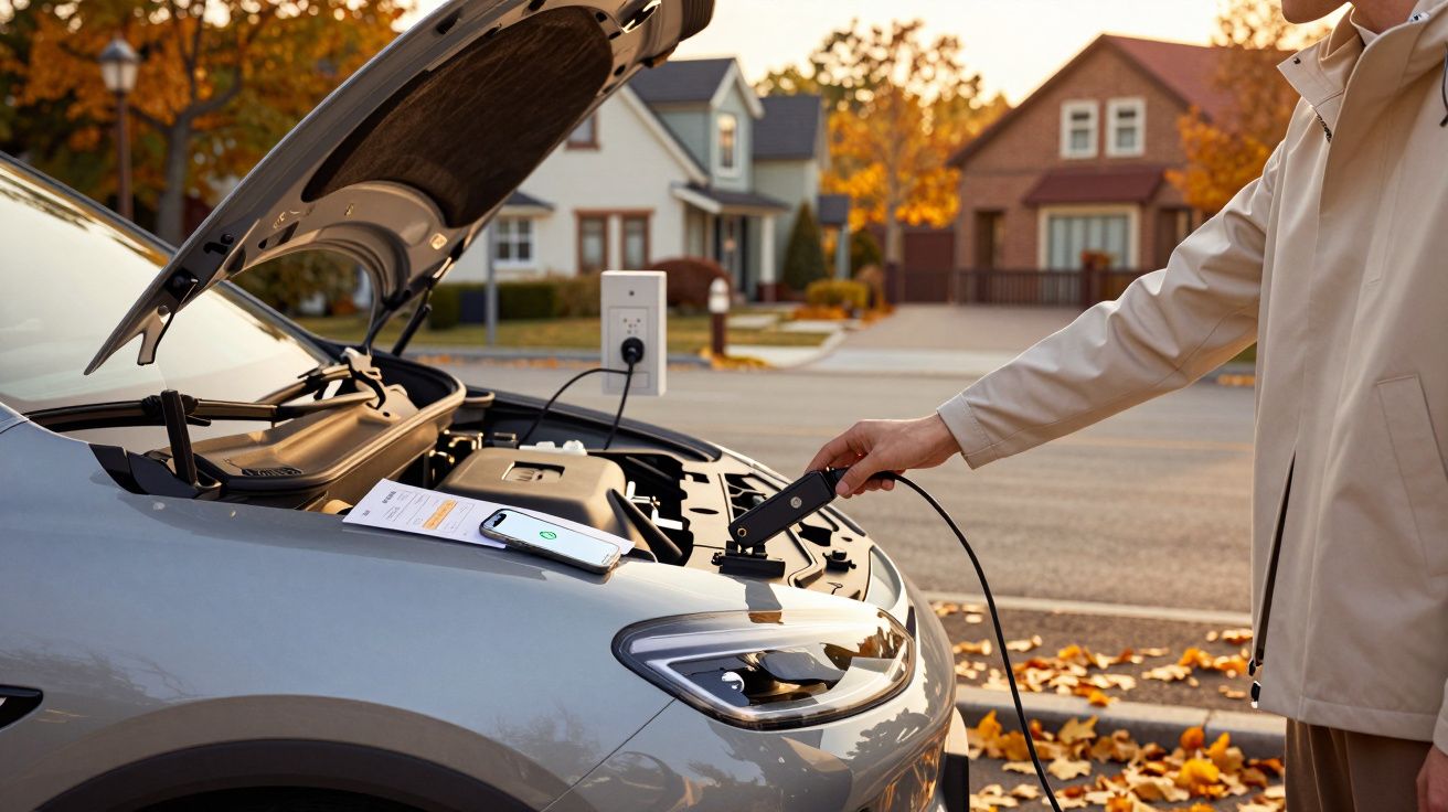 Pessoa a ligar carro elétrico a estação de carregamento num bairro residencial com árvores de outono.