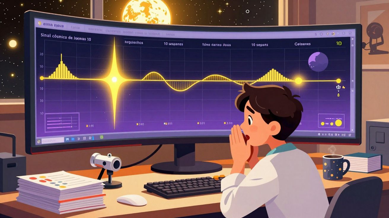 Jovem observa gráficos cósmicos num ecrã gigante, com luar e estrelas visíveis na janela atrás.