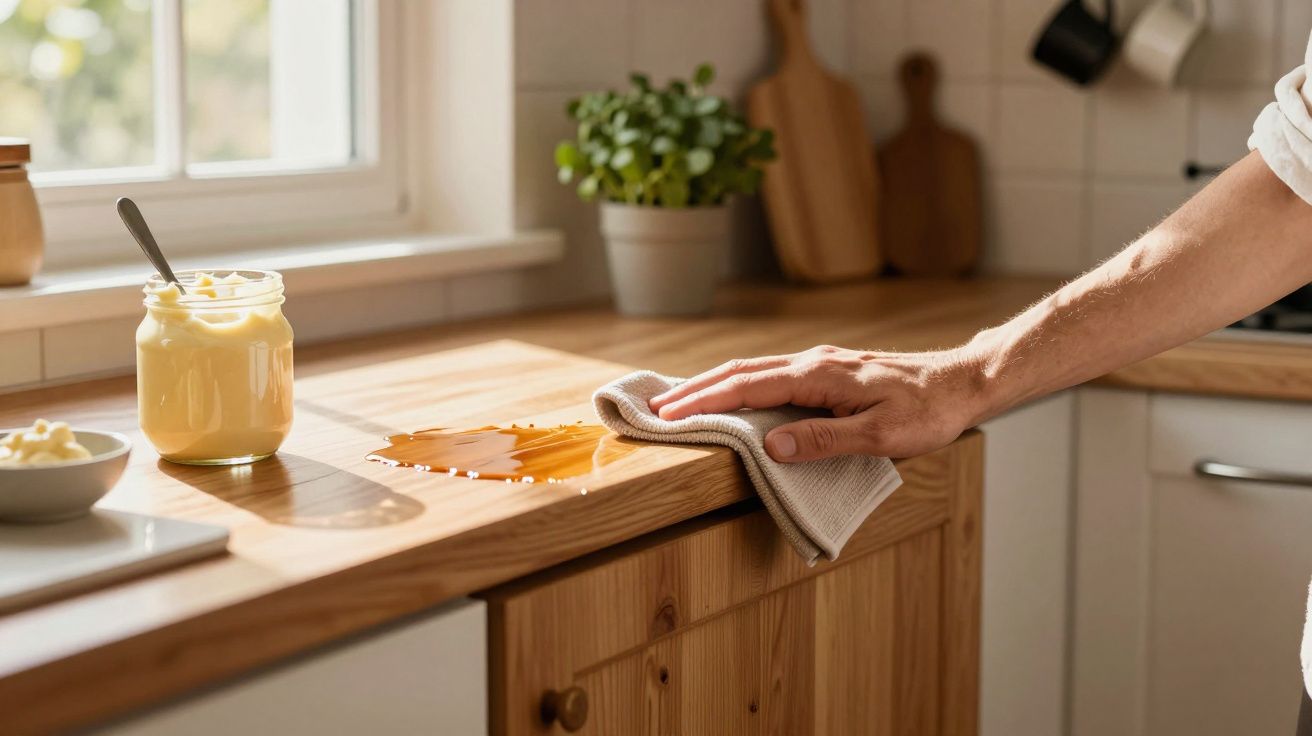 Mão a limpar líquido derramado numa bancada de cozinha em madeira com um pano cinzento.